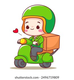 Cute Deliveryman Cartoon Vector. Man Courier Riding Scooter delivery package. People Profession concept design. Isolated white background.