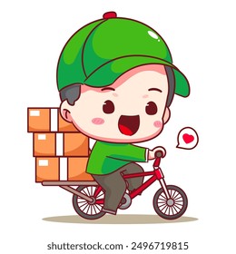 Cute Deliveryman Cartoon Vector. Man Courier delivery package by bicycle. People Profession concept design. Isolated white background.