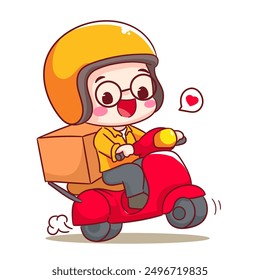 Cute Deliveryman Cartoon Vector. Man Courier Riding Scooter delivery package. People Profession concept design. Isolated white background.