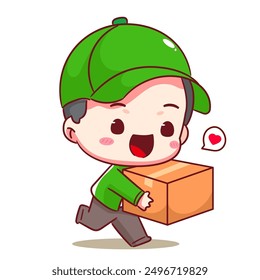 Cute Deliveryman Express Delivery Cartoon Vector. Man Courier wearing uniform and hat delivery package. People Profession concept design. Isolated white background.