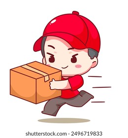 Cute Deliveryman Express Delivery Cartoon Vector. Man Courier wearing uniform and hat delivery package. People Profession concept design. Isolated white background.