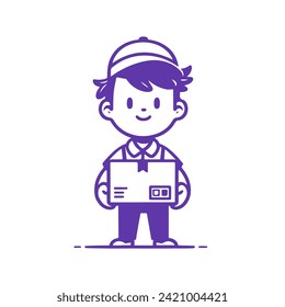 Cute Deliveryman Standing with a Parcel. Vector Monochrome Illustration on White Background.