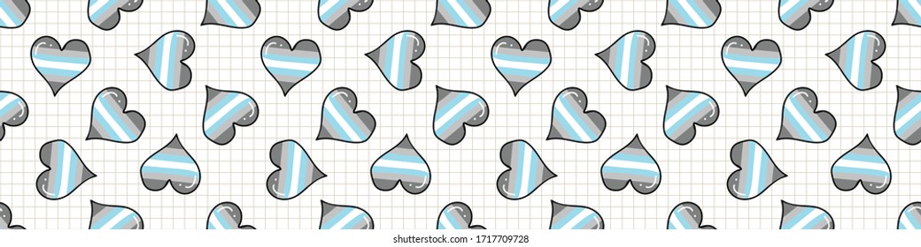 Cute demiboy heart cartoon seamless vector border. Hand drawn isolated pride flag for LGBTQ blog. Transgender stripe background all over print. Male gender community tolerance tile.