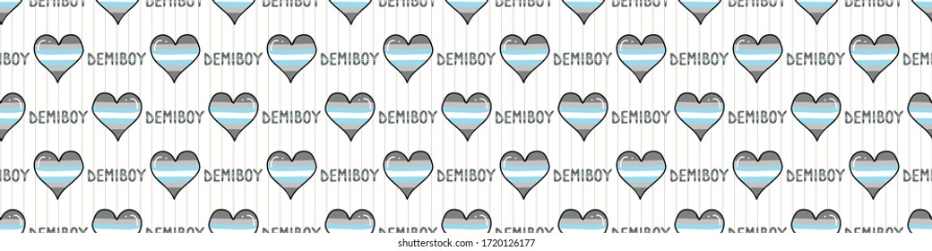 Cute demiboy heart with text cartoon seamless vector border. Hand drawn isolated pride flag for LGBTQ blog. Transgender stripe background all over print. Male gender community tolerance tile.