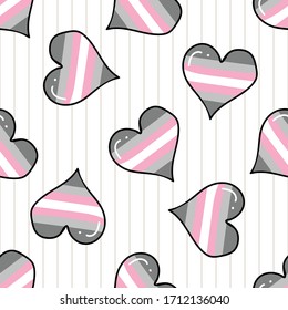 Cute demigirl heart cartoon seamless vector pattern. Hand drawn isolated pride flag for LGBTQ blog. Transgender stripe background all over print. Female gender community tolerance tile.