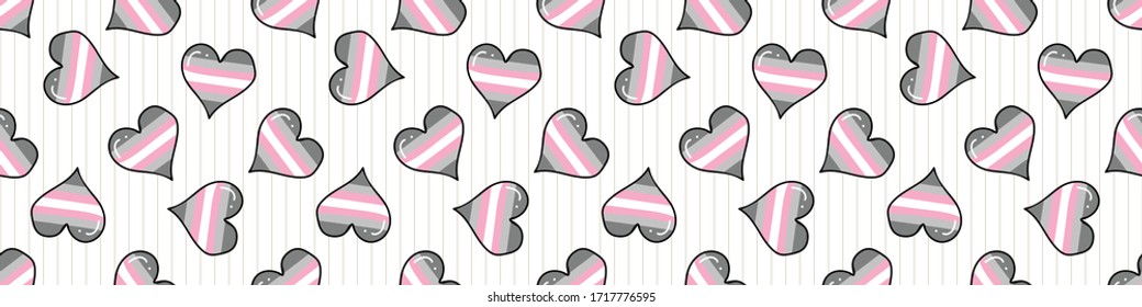 Cute demigirl heart cartoon seamless vector border. Hand drawn isolated pride flag for LGBTQ blog. Transgender stripe background all over print. Female gender community tolerance tile.