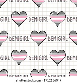 Cute demigirl heart with text cartoon seamless vector pattern. Hand drawn isolated pride flag for LGBTQ blog. Transgender stripe background all over print. Female gender community tolerance tile.