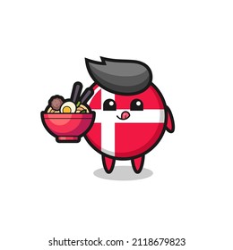 cute denmark flag badge character eating noodles , cute style design for t shirt, sticker, logo element