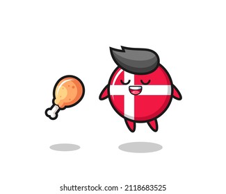 cute denmark flag badge floating and tempted because of fried chicken , cute style design for t shirt, sticker, logo element