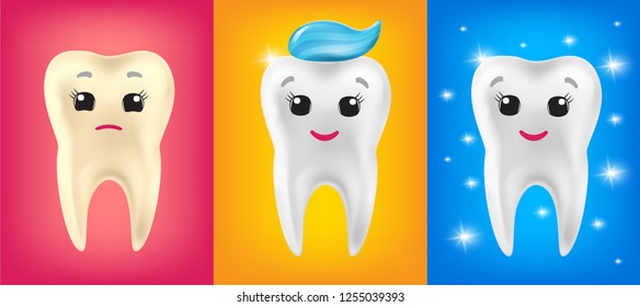Cute dental character with dental plaque gets treatment, becomes healthy and clean. Illustration for pediatric dentistry. Dental care clipart. vector illustration in children's cartoon style.