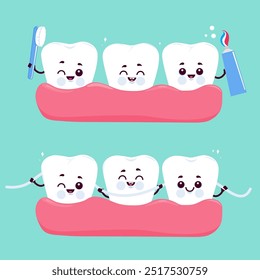 Cute dental hygiene set with cartoon teeth characters in healthy gums smiling, holding a toothbrush and toothpaste. Cute kids dentist office cartoons. Teeth brushing and flossing. Vector illustration