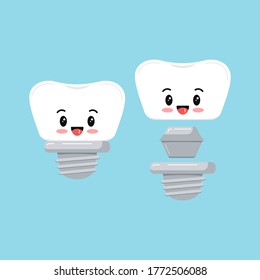 Cute dental implant tooth emoji icon set isolated on blue background. Sweet smilling teeth prosthesis sign with implant composition scheme. Vector flat design cartoon style character illustration.