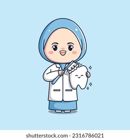 Cute dentist hijab female doctor holding tooth kawaii chibi flat outlined character