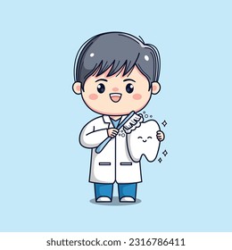 El dentista cutáneo, doctor masculino, sostiene el diente kawaii chibi, personaje de perfil plano