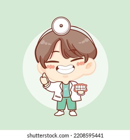 Cute Dentist Man With Tooth Cartoon Dental Health Icon Flat Character 