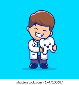 Cute Dentist With Tooth Cartoon Vector Icon Illustration. Dental Health Icon Concept Isolated Premium Vector. Flat Cartoon Style 