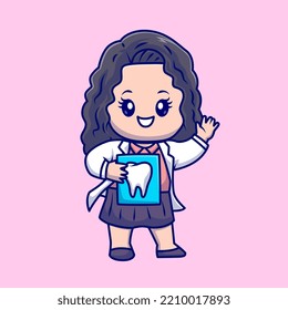 Cute Dentist with Tooth Cartoon Vector Icon Illustration. People Health Icon Concept Isolated Premium Vector. Flat Cartoon Style