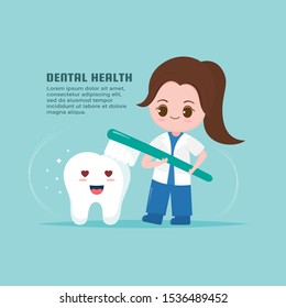 Cute dentist with tooth health concept. Dentist holding a toothbrush on a teeth. Kawaii cartoon character design.