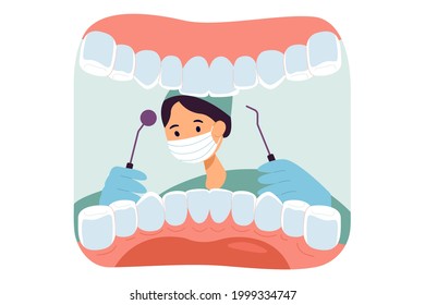 Cute dentist wearing mask and open mouth of patient. White teeth, animated dental checkup flat vector illustration. Oral hygiene, dentistry concept for banner, website design or landing web page