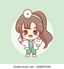 Cute Dentist Woman With Tooth Cartoon Dental Health Icon Flat Character 