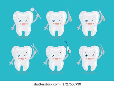 Cute dentist's instruments set with different emotions. Different tooth conditions. Healthy and bad teeth. Cartoon vector tooth isolated illustration.