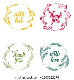 Cute description in floral and plants frames. Lettering, calligraphy - with love and thank you. Stickers.
