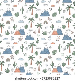Lindo patrón sin fisuras del desierto con cactus, montañas y nubes