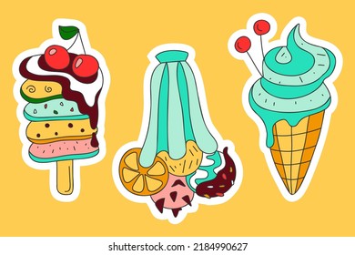 Cute deserts doodle stickers. Eskimo pie toppings cherry, ice cream balls mix sliced citrus bowl, soft ice cream waffle cone. Cold summer sweets for print birthday decor card party vector illustration