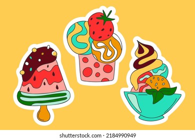 Cute deserts doodle stickers. Eskimo pie popsicle, ice cream balls strawberry in cup, soft ice cream mint leaves in bowl. Cold summer sweets for print birthday decor card party vector illustration