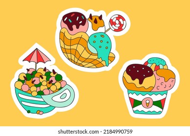 Cute deserts doodle stickers. Mini melts small balls, ice cream with lolypop taco waffle, scoops in cup. Cold summer sweets with toppings for print birthday decor card party vector illustration