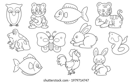 Cute design animal outline vector set 4 (owl tiger fish frog rabbit snake chicken)