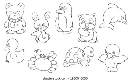 Cute design animal outline vector set 5 (bear duck rabbit crab penguin turtle bird dolphin)