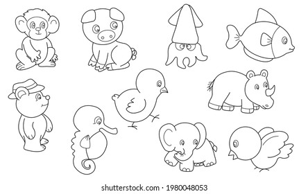 Cute design animal outline vector set 6 (monkey pig bear bird fish seahorse squid elephant rhino)