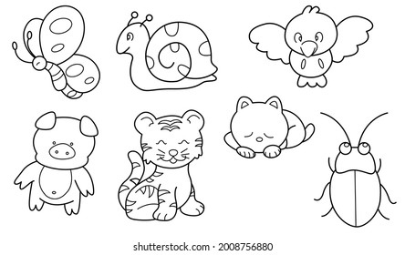 Cute design animal outline vector set 12 (butterfly pig tiger snail cat bird cockroach)