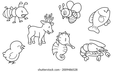 Cute Design Animal Outline Vector Set 16 (ant Bird Deer Seahorse Shrimp Fish Bee)