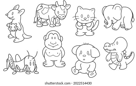 Cute design animal outline vector set 23 (kangaroo cow cat elephant monkey dog crocodile cicada)