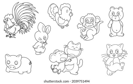 Cute design animal outline vector set 36 (chicken pig rabbit rat cat monkey bear)