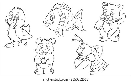 Cute Design Animal Outline Vector Set 38 ( Fish Bird Rabbit Bear Ant )