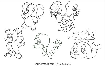 Cute design animal outline vector set 40 ( whale chicken elephant fox bird )