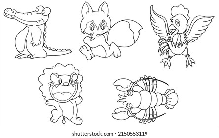 Cute design animal outline vector set 37 ( chicken shrimp lion squirrel crocodile )