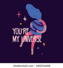 Cute design banner with pretty girl hugging the planet. You're my universe lettering. Cartoon Illustration with space, stars elements decoration and black woman in pajama. Vector.