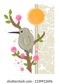 Cute design of a bird standing on a blooming branch. Eps10