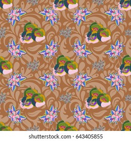Cute design in blue and green colors for stickers, labels, tags, gift wrapping paper and banner design. Vector flat flowers and leaves silhouette seamless pattern.