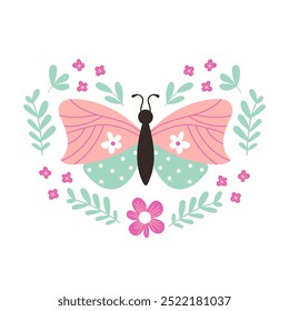 Cute design with butterfly and floral elements isolated on white. Hand drawn vector illustration. Summer and spring design.