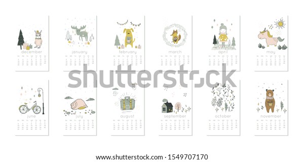 年のカレンダーに 動物 鹿 木を使った12ヵ月のかわいいデザイン 週は日曜日から始まります ウェブ バナー ポスター 印刷可能なグラフィック に対して 垂直編集可能なカレンダーページテンプレートを使用できます のベクター画像素材 ロイヤリティフリー