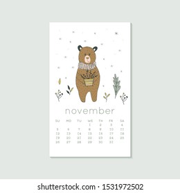 Cute design for calendar 2020, autumn months with bear and flower . Week starts on Sunday. Vertical editable calender page template can be used for web, banner, poster and printable graphic