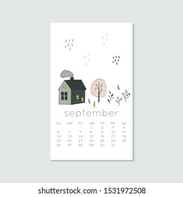 Cute design for calendar 2020, autumn months with house and tree. Week starts on Sunday. Vertical editable calender page template can be used for web, banner, poster and printable graphic