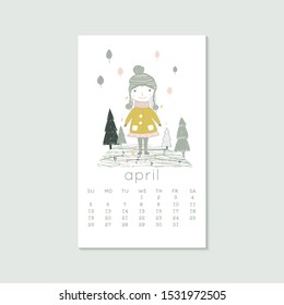 Cute design for calendar 2020, spring months with girl and trees. Week starts on Sunday. Vertical editable calender page template can be used for web, banner, poster and printable graphic