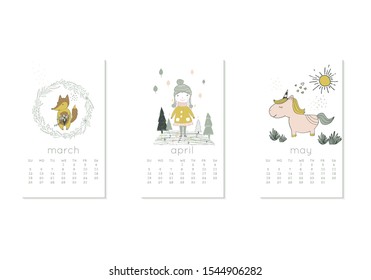 Cute design for calendar 2020, spring months with girl and trees. Week starts on Sunday. Vertical editable calender page template can be used for web, banner, poster and printable graphic