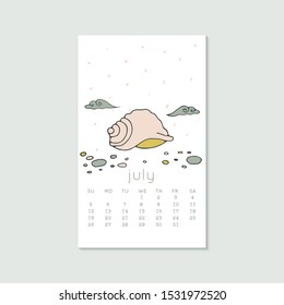 Cute design for calendar 2020, summer months with shell. Week starts on Sunday. Vertical editable calender page template can be used for web, banner, poster and printable graphic